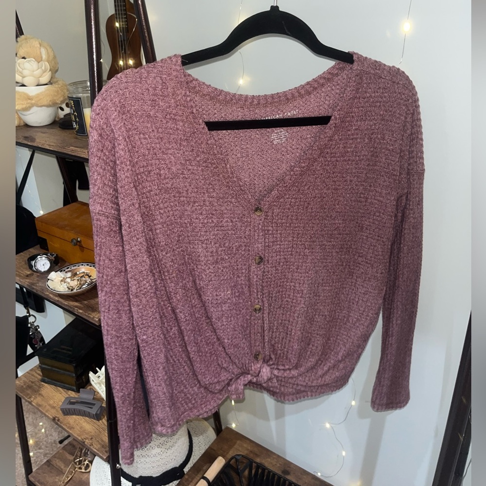 AMERICAN EAGLE Waffle Long Sleeve Button Up Top S